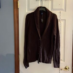 Basic editions-L-chocolate brown knit button down long sleeve cardigan sweater